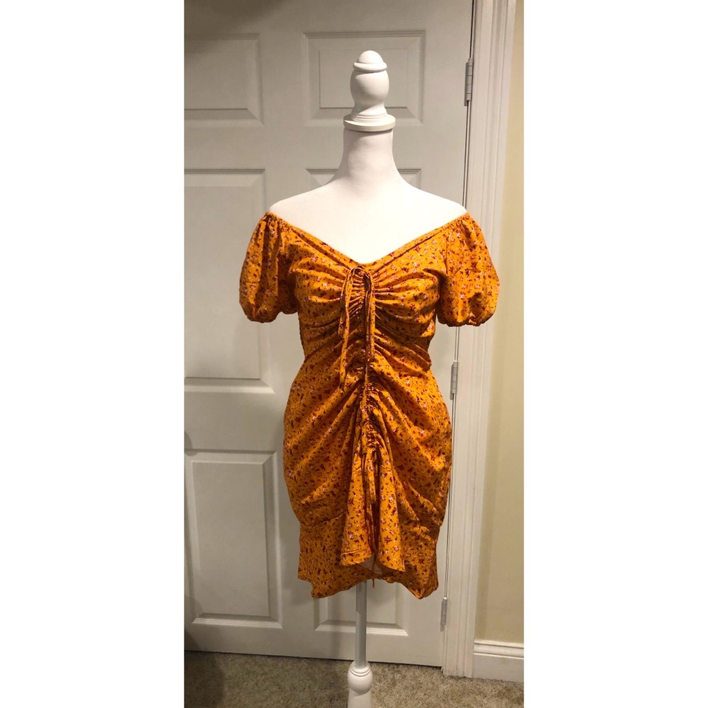 Peasant Drawstring Puff Sleeve Ruched Mini Dress
